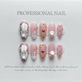 10pcs White Rabbit Press On Nails Handmade Pink Almond Fake Nail Patches With Gold Stripe Love Heart Decor Wearable False Nails